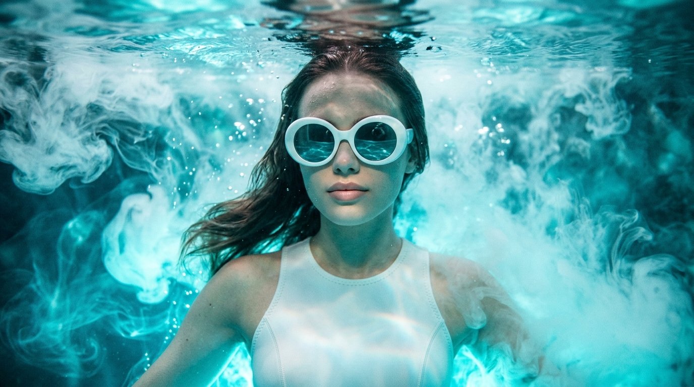 Ethereal fashion portrait submerged in cyan dreamy waters
